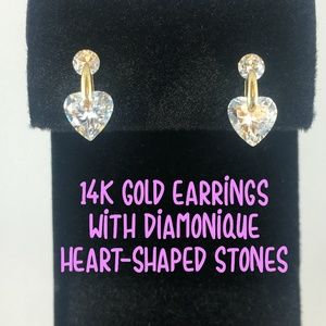 14K Gold and Diamonique Heart Earrings